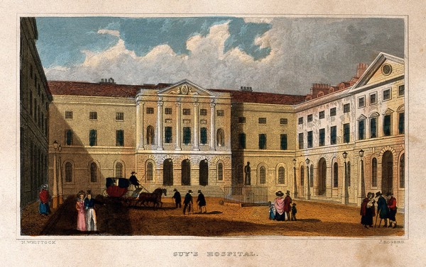 Guy's Hospital, Southwark. Coloured engraving by J. Rogers after N. Whittock.