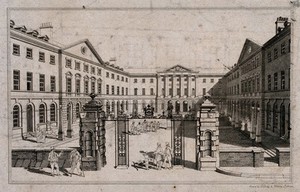 view Guy's Hospital, Southwark: the entrance courtyard, with a patient being carried on a stretcher. Etching by G. Cooke and H. Le Keux, after J. P. Neale.