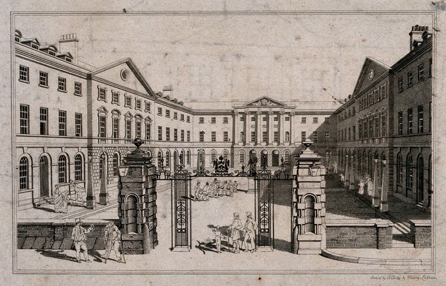 Guy's Hospital, Southwark: the entrance courtyard, with a patient being carried on a stretcher. Etching by G. Cooke and H. Le Keux, after J. P. Neale.