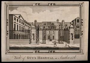 view Guy's Hospital, Southwark: the entrance courtyard, with a man running and a dog barking. Engraving.