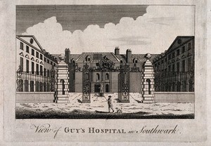 view Guy's Hospital: the entrance courtyard, with a patient being carried in on a stretcher. Engraving.