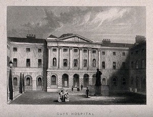 view Guy's Hospital, Southwark: inside the courtyard. Engraving by A. H. Payne.