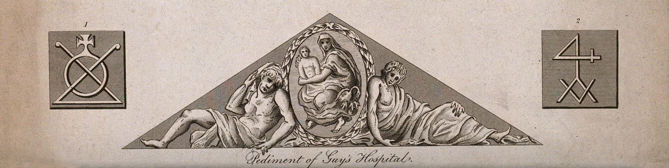 Guy's Hospital, Southwark: the pediment sculpture. Engraving by J. Pass.