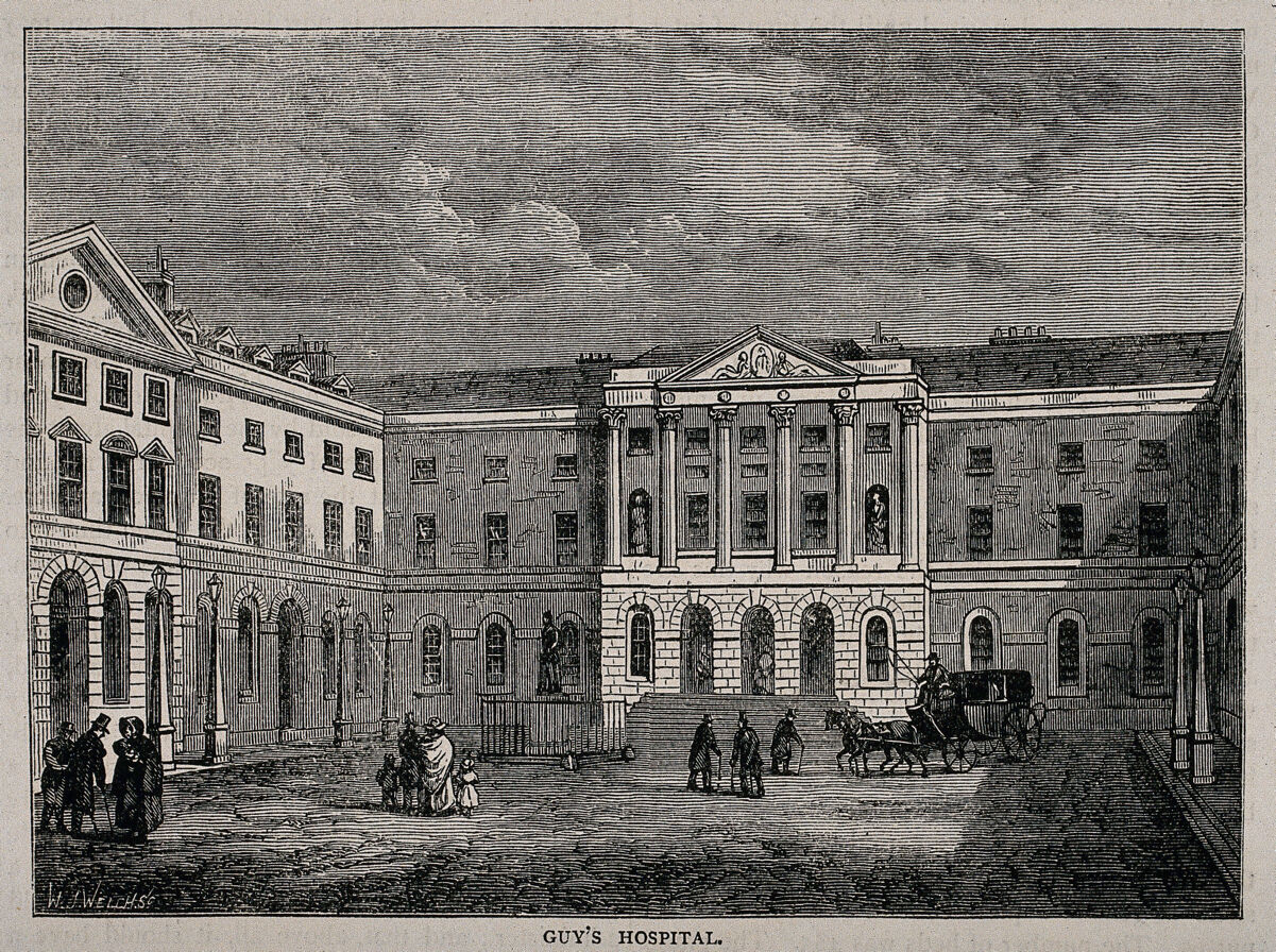 Guy's Hospital, Southwark: inside the courtyard. Wood engraving by W. J. Welch., by Richard Jupp