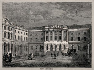 view Guy's Hospital, Southwark: inside the courtyard. Wood engraving by W. J. Welch.