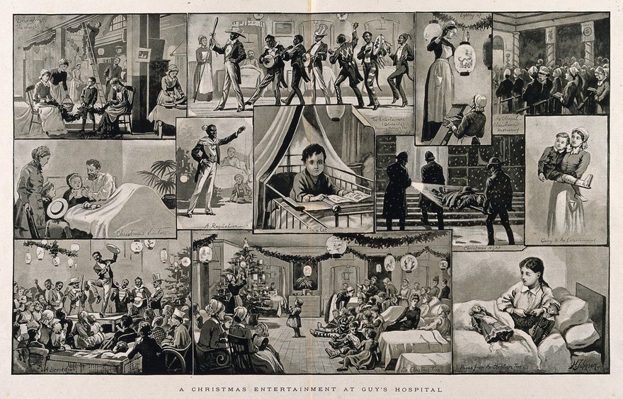 Guy's Hospital, Southwark: Christmas entertainments. Process print by Meisenbach after H. Johnson, 1888.