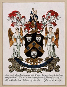 Guy's Hospital, Southwark: the grant of arms and motto. Coloured lithograph after J. Anstis.