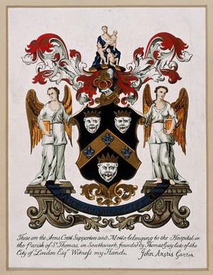 view Guy's Hospital, Southwark: the grant of arms and motto. Coloured lithograph after J. Anstis.