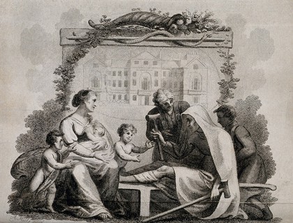 The Middlesex Hospital, London: in the foreground a patient is helped from his sickbed towards his welcoming family by a surgeon and his assistant. Etching after A. Mills.