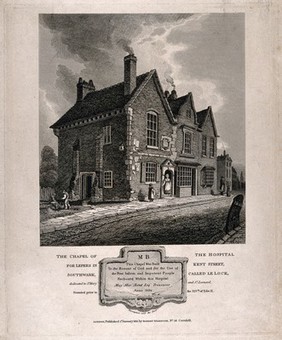 The Lock Hospital, Southwark: the chapel, and below, a detail of the plaque over the door. Etching after Whichelo, 1813.