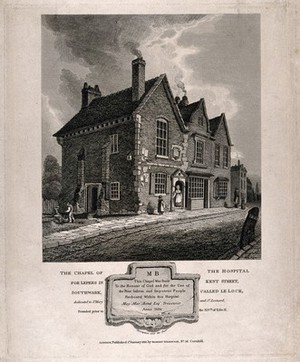 view The Lock Hospital, Southwark: the chapel, and below, a detail of the plaque over the door. Etching after Whichelo, 1813.