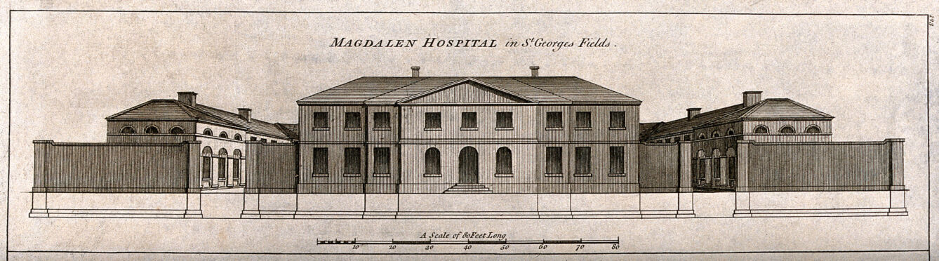 The Magdalen Hospital, St George's Fields, Southwark, with a scale beneath. Engraving, 1771.