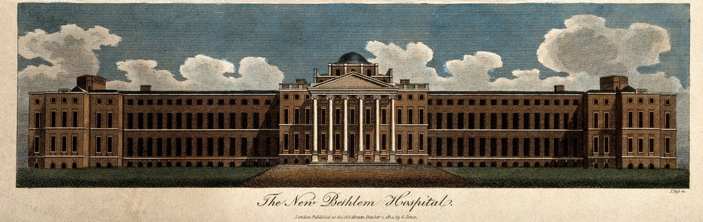 The Hospital of Bethlem [Bedlam], St. George's Fields, Lambeth. Coloured engraving by J. Pass.