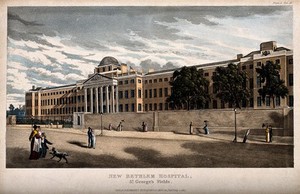 view The Hospital of Bethlem [Bedlam], St. George's Fields, Lambeth. Coloured engraving.