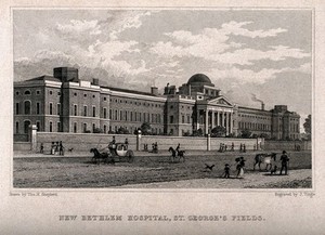 view The Hospital of Bethlem [Bedlam], St. George's Fields, Lambeth. Engraving by J. Tingle after T. H. Shepherd.