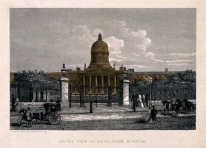 view The Hospital of Bethlem [Bedlam], St. George's Fields, Lambeth. Coloured process print.