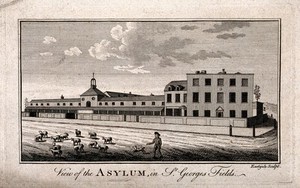 view The Hospital of Bethlem [Bedlam], St. George's Fields, Lambeth. Engraving by Eastgate.