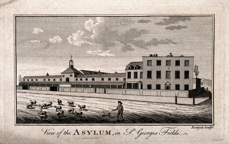 The Hospital of Bethlem [Bedlam], St. George's Fields, Lambeth. Engraving by Eastgate.