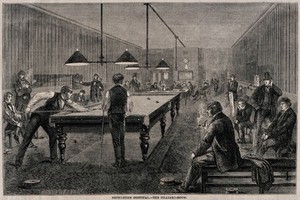 view The Hospital of Bethlem [Bedlam], St. George's Fields, Lambeth: the billiard room. Wood engraving by F. Vizetelly, 1860.