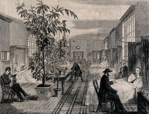 view The Hospital of Bethlem [Bedlam], St. George's Fields, Lambeth: the men's ward of the infirmary. Wood engraving by F. Vizetelly, 1860.