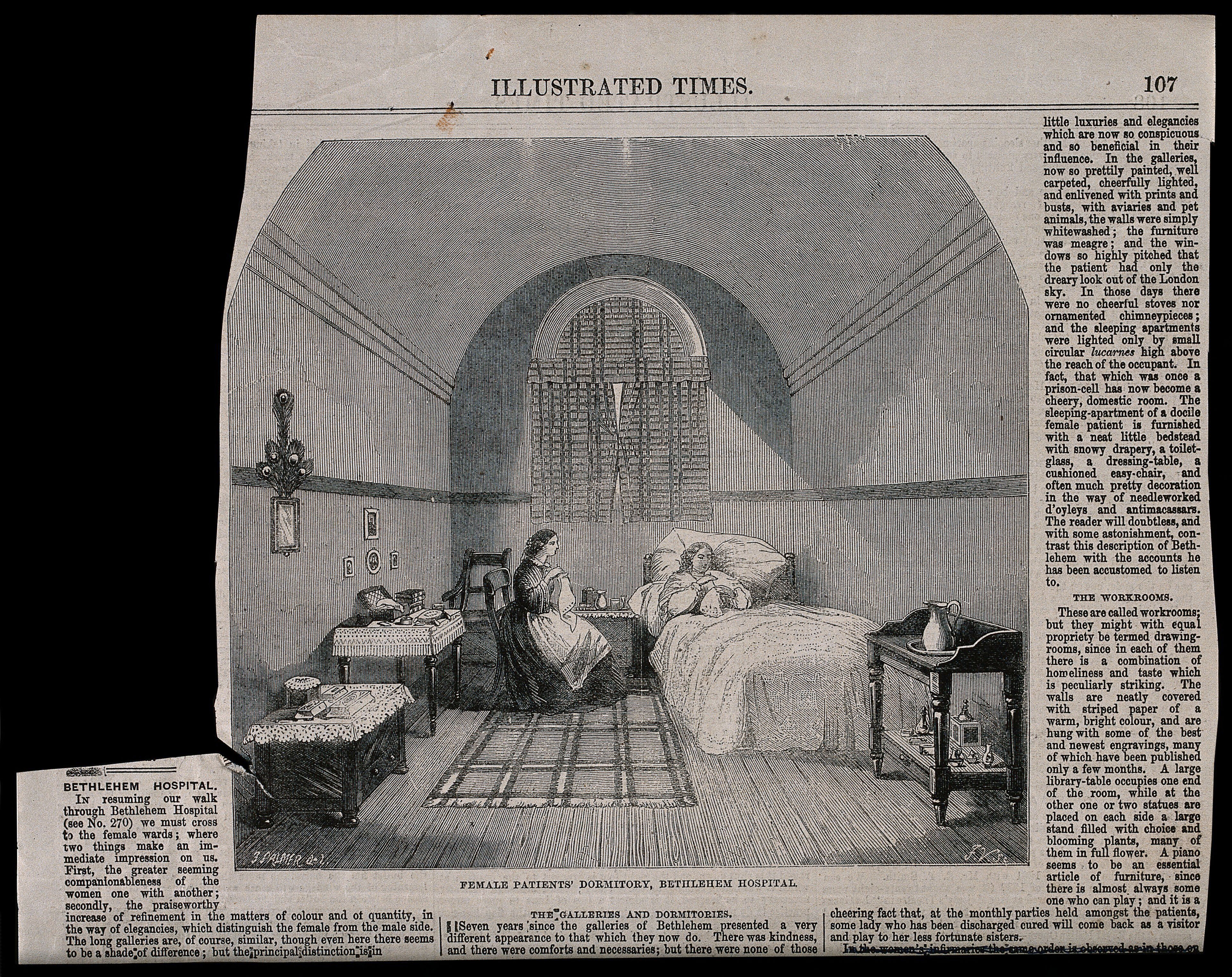 The Hospital of Bethlem [Bedlam], St. George's Fields, Lambeth: a female dormitory. Wood engraving by F. Vizetelly after F. Palmer, 1860.