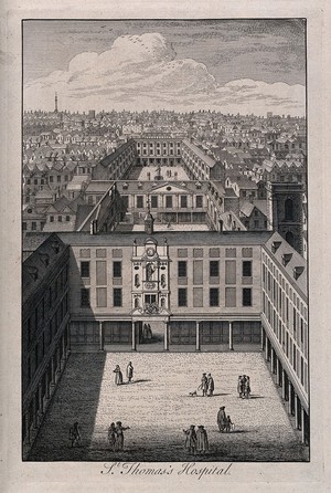 view Old St. Thomas's Hospital, Southwark: a bird's-eye view looking east over the three courtyards. Engraving.