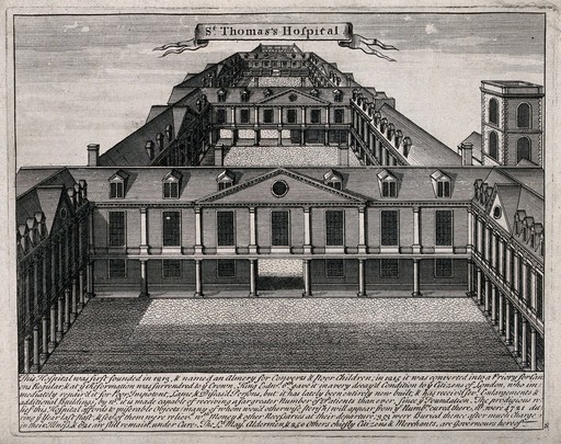 Old St. Thomas's Hospital, Southwark: a bird's-eye view looking east over the three courtyards. Engraving.