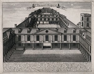 view Old Saint Thomas's Hospital, Southwark: a bird's-eye view looking east over the three courtyards. Engraving.