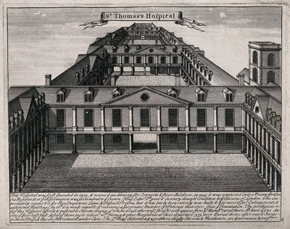 Old Saint Thomas's Hospital, Southwark: a bird's-eye view looking east over the three courtyards. Engraving.