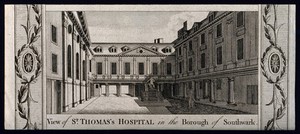 view Old St. Thomas's Hospital, Southwark: inside the first courtyard. Engraving.