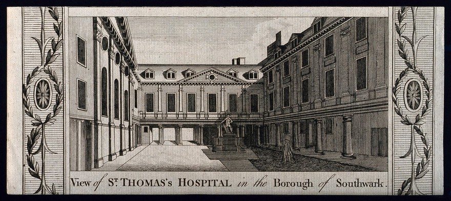 Old St. Thomas's Hospital, Southwark: inside the first courtyard. Engraving.