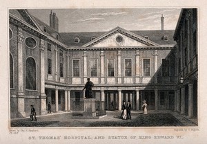 view Old St. Thomas's Hospital, Southwark: inside the first courtyard. Engraving by T. Higham after T. H. Shepherd.