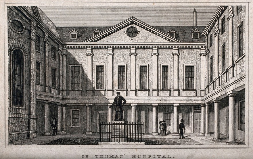 Old St. Thomas's Hospital, Southwark: inside the first courtyard. Engraving.