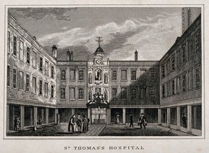 view Old St. Thomas's Hospital, Southwark: the entrance courtyard. Engraving.