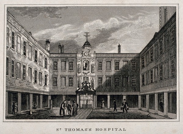 Old St. Thomas's Hospital, Southwark: the entrance courtyard. Engraving.