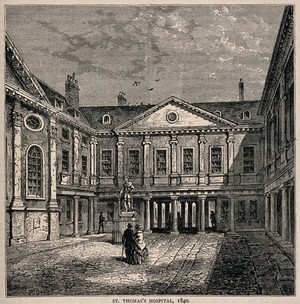 view Old St. Thomas's Hospital: the first courtyard. Process print after a wood engraving, 1840.