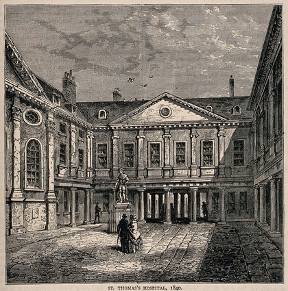 Old St. Thomas's Hospital: the first courtyard. Process print after a wood engraving, 1840.