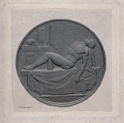 Old St. Thomas's Hospital: a cadaver, a skull, bones of the lower leg and foot, and two bell-jars on stands. Engraving by A. R. Freebairn after a medallion by W. Wyon, 1829.
