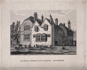 view St Olave's Grammar School, Southwark. Etching by J. C. Buckler.