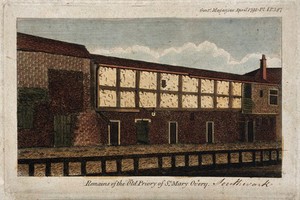 view The ruins of the priory of St. Mary Overie, Southwark: a stone wall and timber framework. Coloured engraving, 1791.