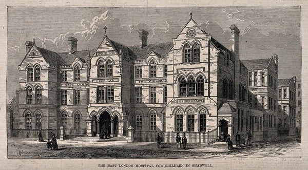 The East London Hospital for Children, Glamis Street, Shadwell: the facade. Wood engraving by F. W., 1877.