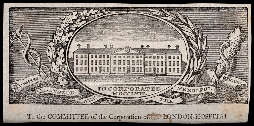 The London Hospital, Whitechapel. Engraving, 1758.