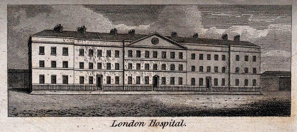 The London Hospital, Whitechapel: the facade. Engraving, 1826, after J. Greig, 1820.