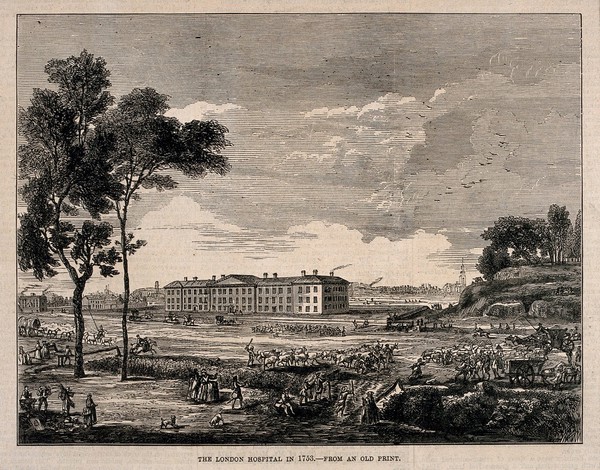 The London Hospital, Whitechapel: seen from the northern side of the Whitechapel Road. Wood engraving, after an engraving of c.1753.