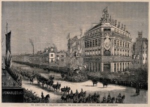 view The London Hospital, Whitechapel: Queen Victoria returning in procession from the hospital. Wood engraving, 1876.