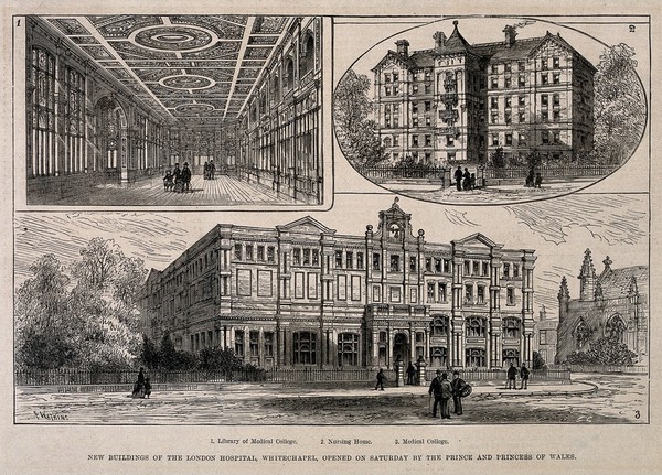 The London Hospital, Whitechapel: the medical college and nursing home. Wood engraving by E. G. after F. Watkins, 1887.