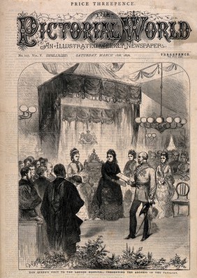 Her Majesty Queen Victoria visiting the London Hospital, Whitechapel: the Duke of Cambridge giving the loyal address. Wood engraving, 1876.