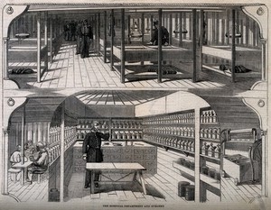 view The medical quarters of the Melbourne, a ship of the Line: a ward deck, above, and an operating theatre, below. Wood engraving, 1860.