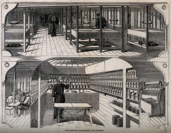 The medical quarters of the Melbourne, a ship of the Line: a ward deck, above, and an operating theatre, below. Wood engraving, 1860.