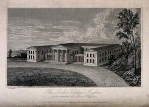 view The London Orphan Asylum, Clapton. Engraving by R. Baker, 1823.